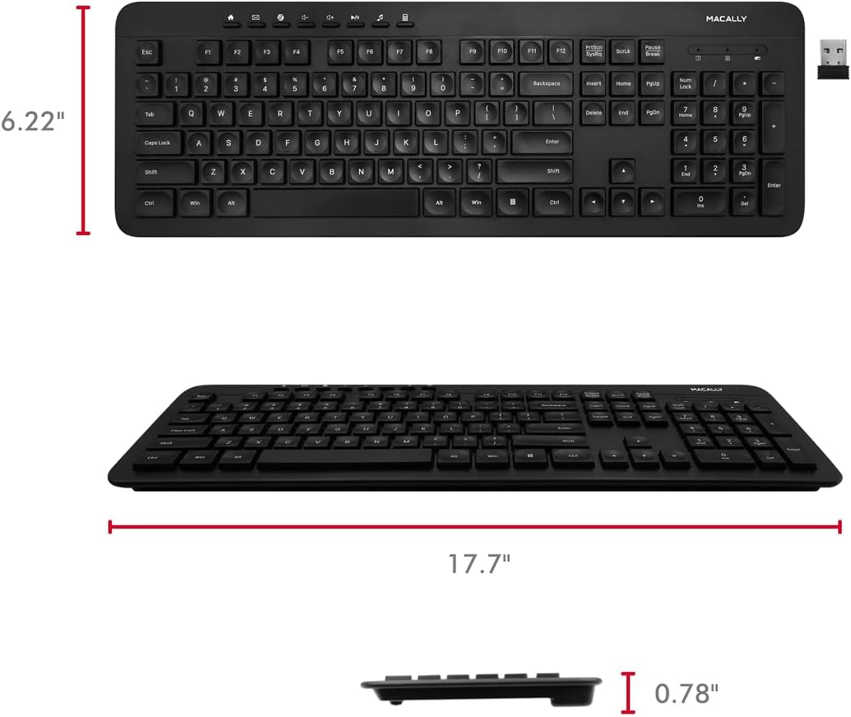 Macally Wireless Keyboard - 2.4G Ergonomic Full Size Keyboard Wireless - Wireless USB Keyboard for Laptop Windows PC Windows Desktop Computer - Black ~ PATELWALA