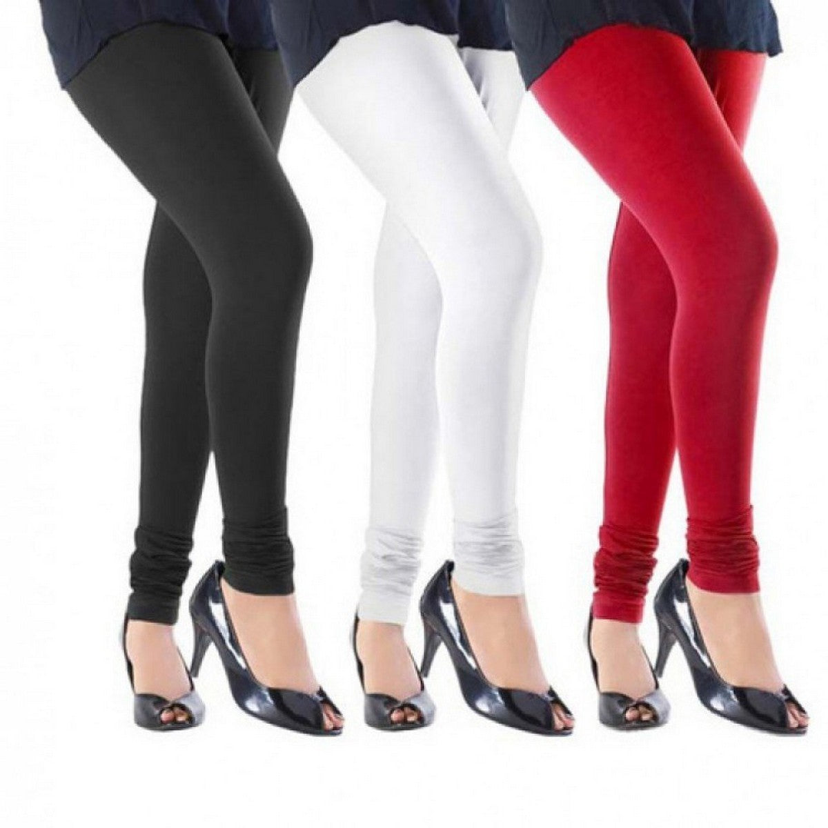 Women's Skinny Slim Fit Leggings Combed Cotton Skinny Leggings (Black, White and Red, Free Size) -Set of 3 Stretchable Leggings Tight For Girls Pack of 3