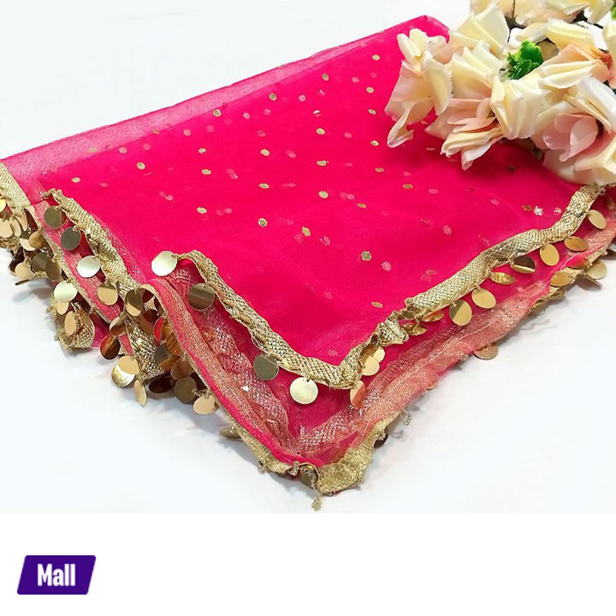 Coin Net dupatta with 2 side sikka lace For Women Dyeable With Golden Lining And Border - Net Dupatta for Girls / Ladies & Women - Chunri - Net Dupatta in Black, Red , White and More Different Colour - Stole - Scarf