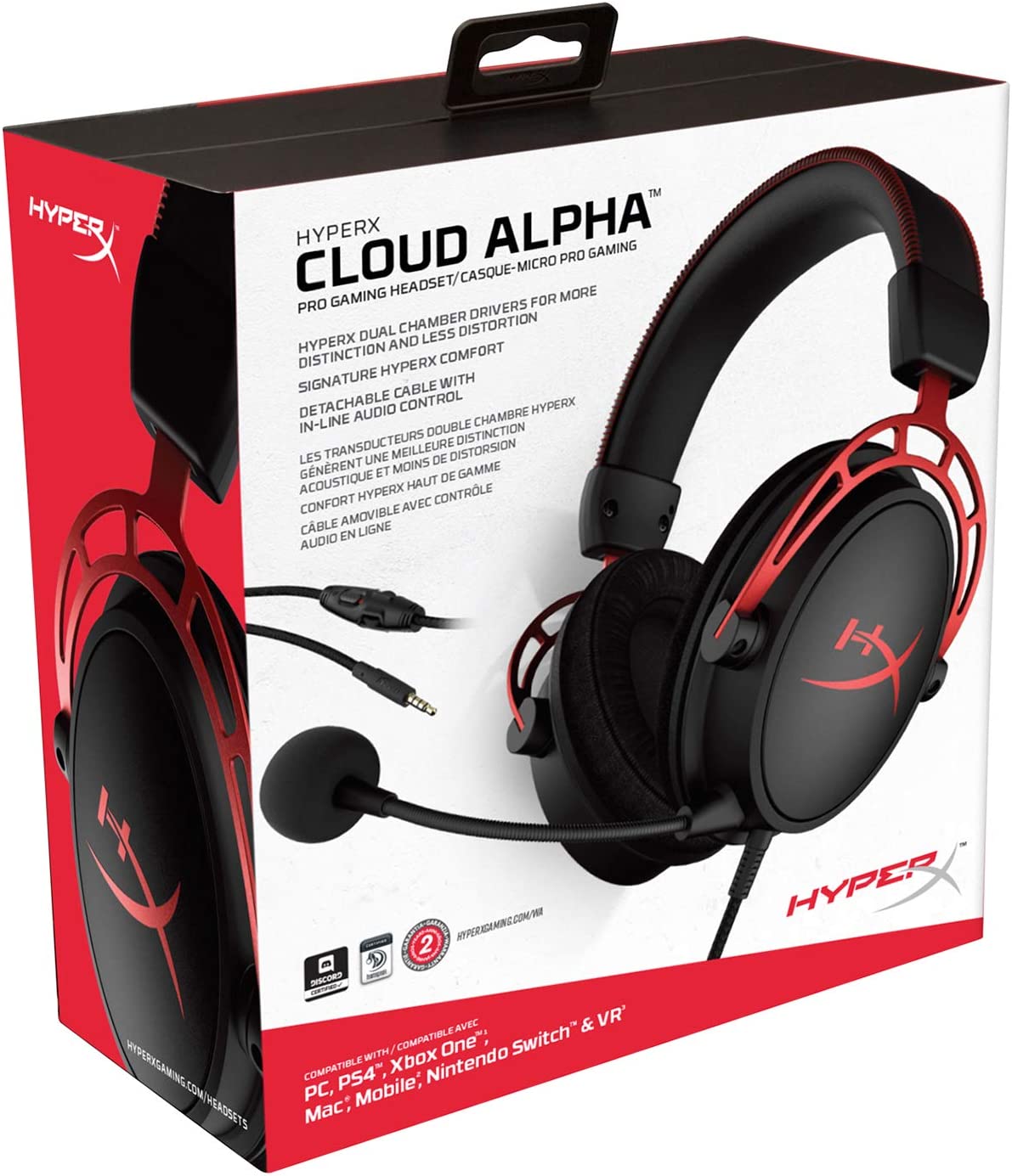 HyperX Cloud Alpha Gaming Headset - Dual Chamber Drivers, Detachable Mic, Aluminum Frame, Compatible with PC, PS4, PS5, Xbox, Switch & Mobile – Red (No Box, American Used)