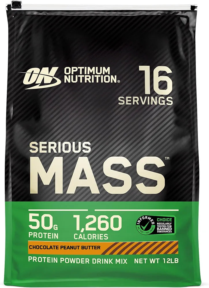 Optimum Nutrition Serious Mass, Weight Gainer Protein Powder, Mass Gainer, Vitamin C and Zinc for Immune Support, Creatine, Chocolate Peanut Butter, 12 Pound