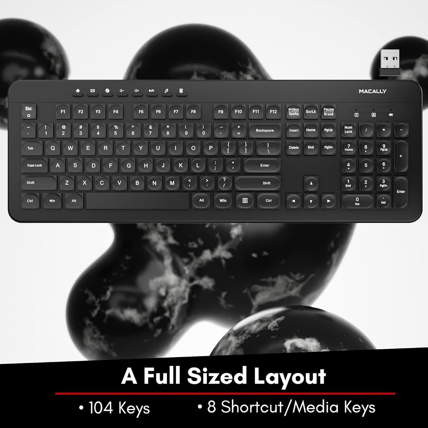 Macally Wireless Keyboard - 2.4G Ergonomic Full Size Keyboard Wireless - Wireless USB Keyboard for Laptop Windows PC Windows Desktop Computer - Black ~ PATELWALA