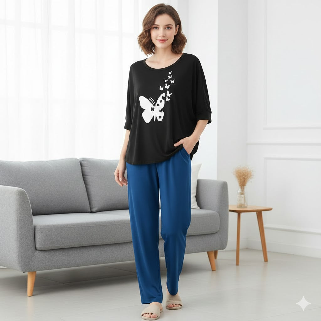 (Butterfly) New Rayon Viscose Jersey 2 Pieces V-Neck Designed Night Suit Pajama Shirt Palazzo Sleeping Suit Loungewear Daily Use