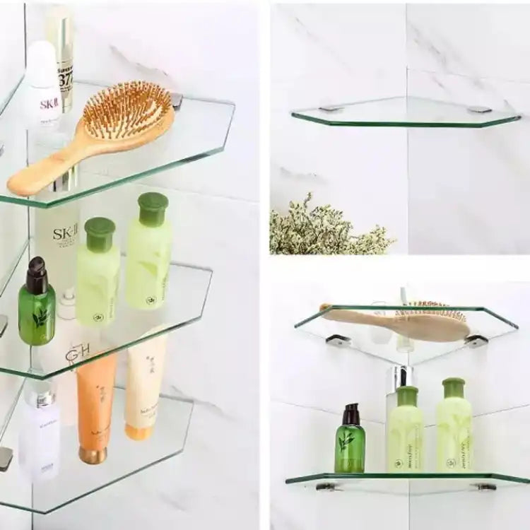 1 pc Wall Mounted Glass Bathroom Shelf Modern Shower Caddy Hotel Rack Corner Frame Toilet Diamond Shape Storage Basket Tripod Organiser Holder for Shampoo Glass corner shelve12x12inch