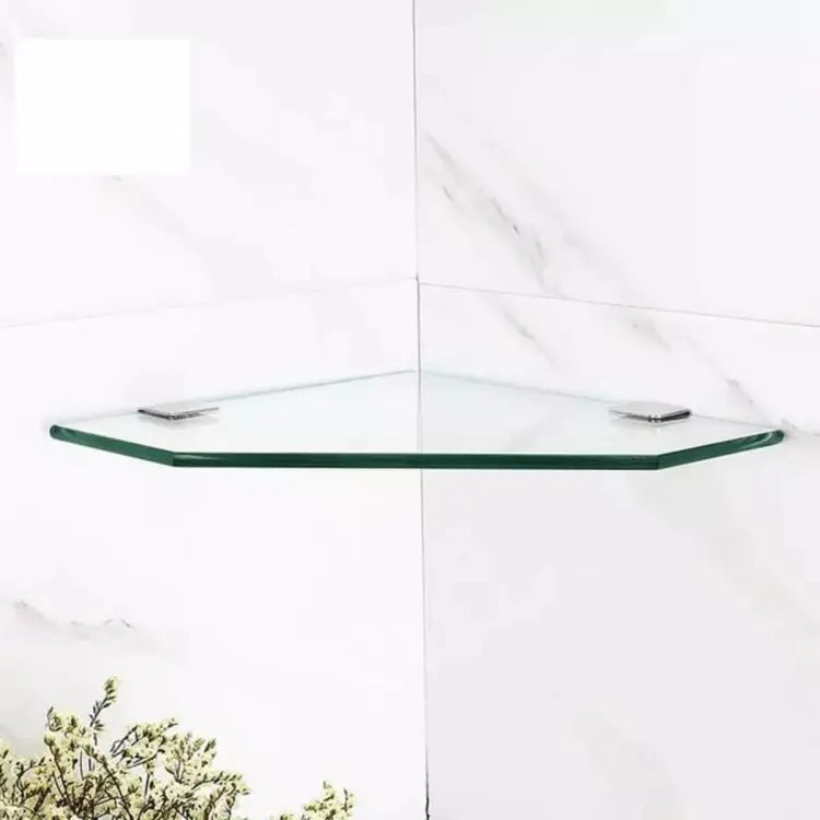 2 pcs Wall Mounted Glass Bathroom Shelf Modern Shower Caddy Hotel Rack Corner Frame Toilet Diamond Shape Storage Basket Tripod Organiser Holder for Shampoo Glass corner shelve12x12inch