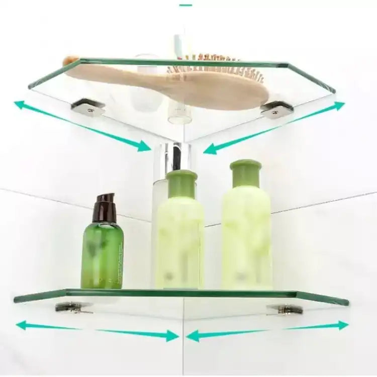 1 pc Wall Mounted Glass Bathroom Shelf Modern Shower Caddy Hotel Rack Corner Frame Toilet Diamond Shape Storage Basket Tripod Organiser Holder for Shampoo Glass corner shelve12x12inch