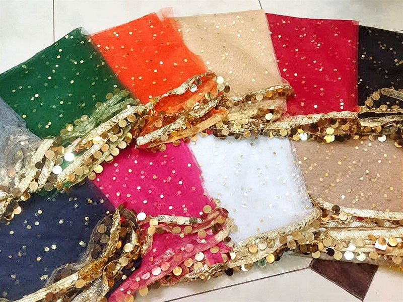 Coin Net dupatta with 2 side sikka lace For Women Dyeable With Golden Lining And Border - Net Dupatta for Girls / Ladies & Women - Chunri - Net Dupatta in Black, Red , White and More Different Colour - Stole - Scarf
