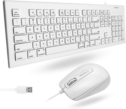 ( Pack of 2 ) Macally 104 Key USB Wired Keyboard and Mouse Combo with Apple Shortcut Keys for Mac, iMac, Macbook, and Windows PC (MKEYECOMBO), White