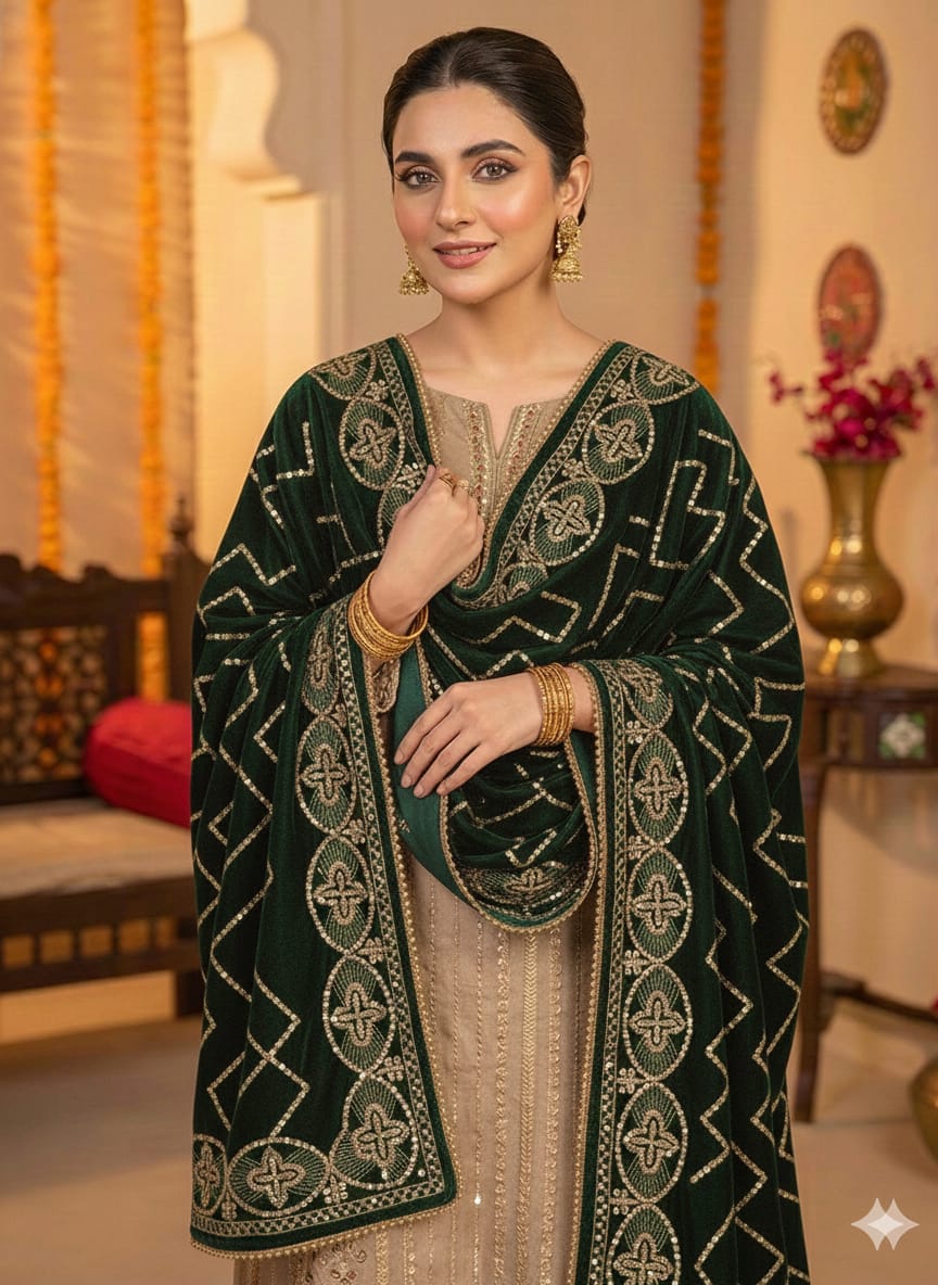 Luxury Velvet Embroidered Sequence Multiple Designs Winter Shawls For Women