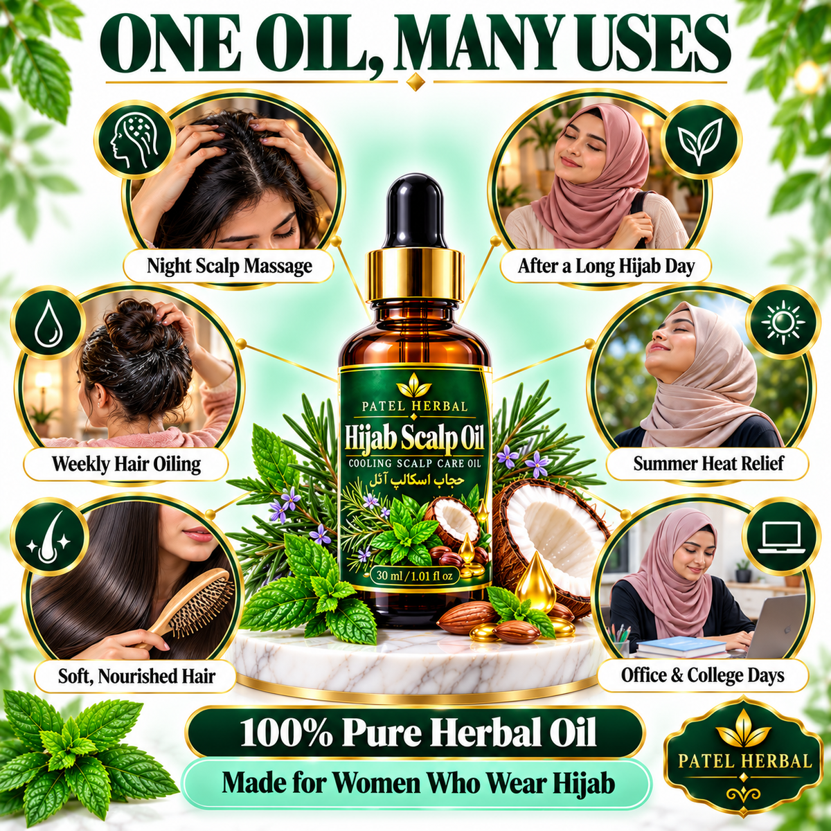Patel Herbal Hijab Scalp Oil – Premium Herbal Oil for Cooling Scalp Comfort, Freshness Under Hijab & Soft Hair | 30ml