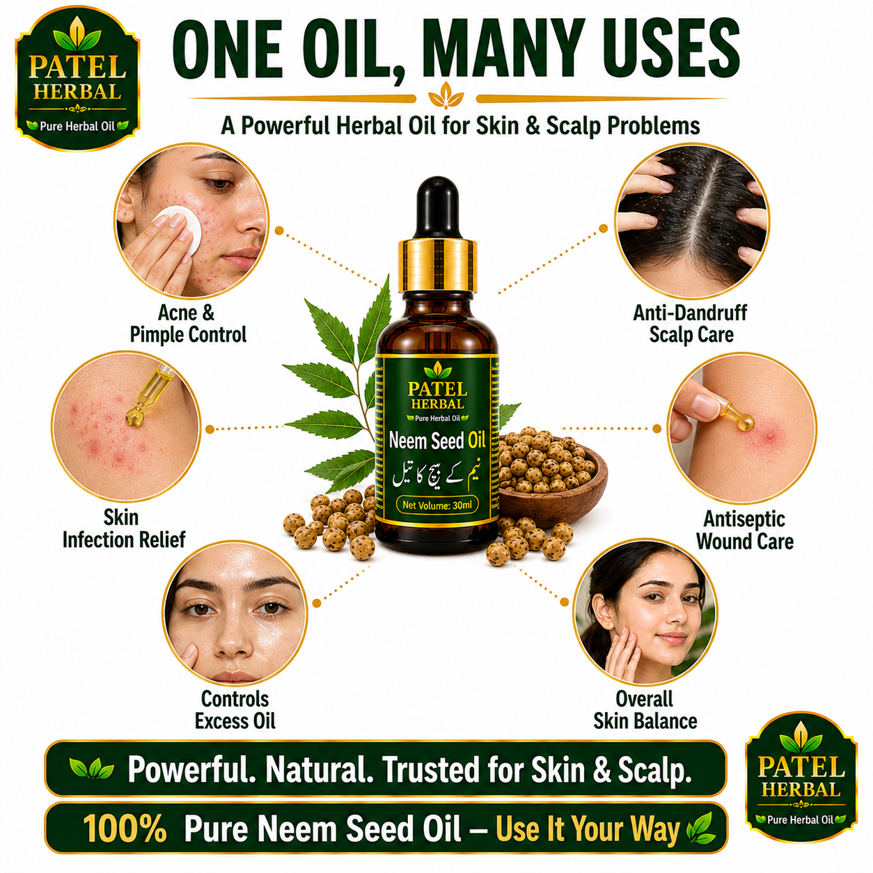 Neem Seed Oil – 100% Pure Herbal Oil for Acne, Skin Infections & Scalp Care | 30ml