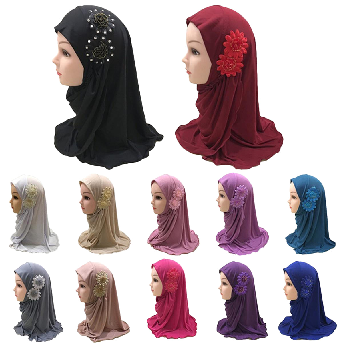 Muslim Kids Girls Hijab Islamic Headscarf Diamontes Flower Scarf One Piece Children Full Cover Makna Wrap Cover 2-7Y