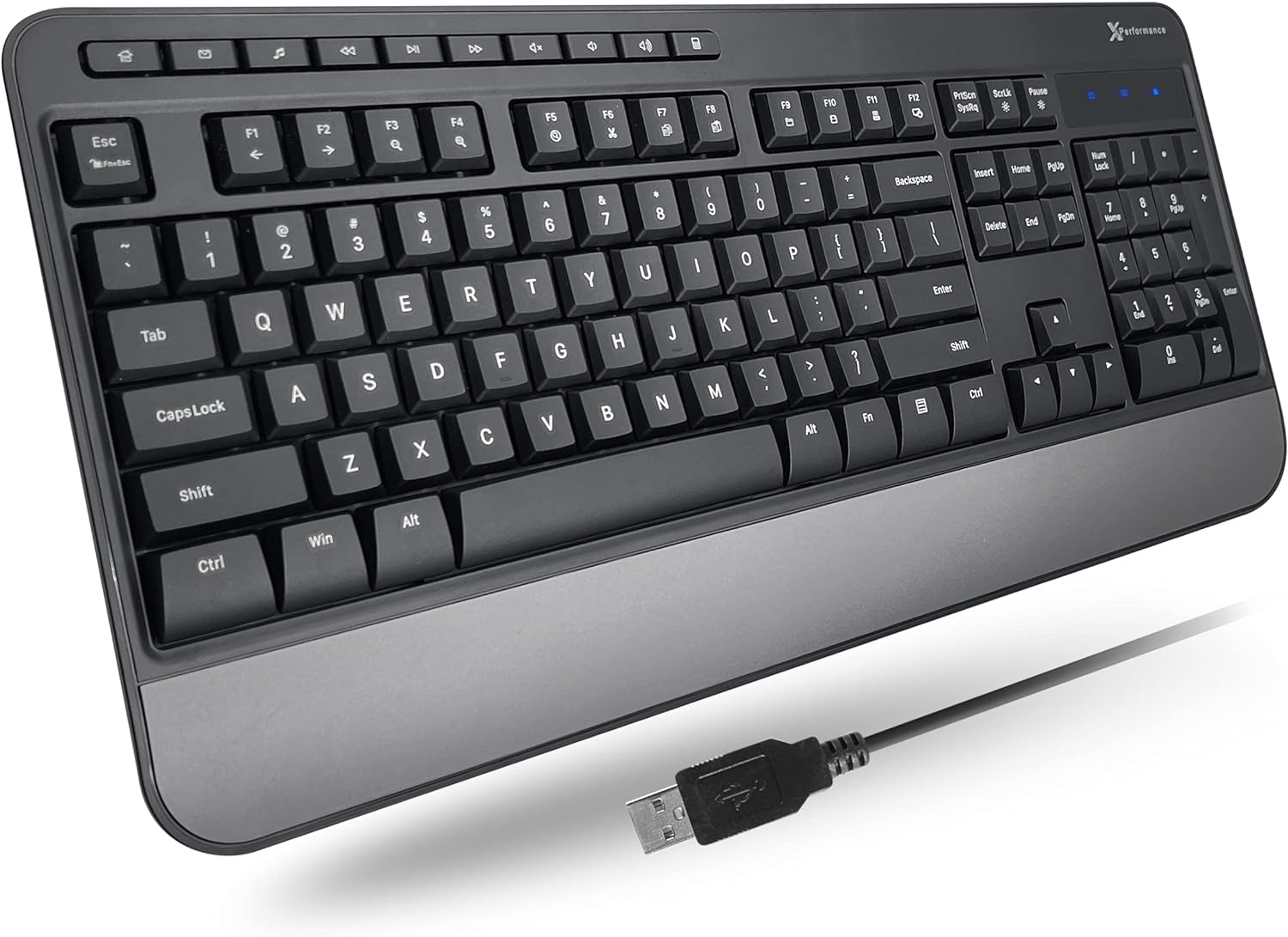 X9 Performance Multimedia USB Wired Keyboard - Comfortable Typing - Ergonomic Full Size Keyboard with Wrist Rest and 114 Keys - For Windows PC & Chrome OS External Computer Keyboard for Laptop and Office PC