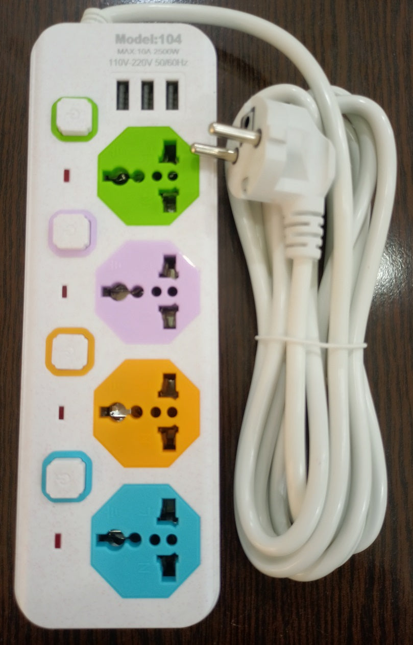 4 way power Strip / Extension Lead board with 3 USB Ports and 4 Sockets with Long Wire