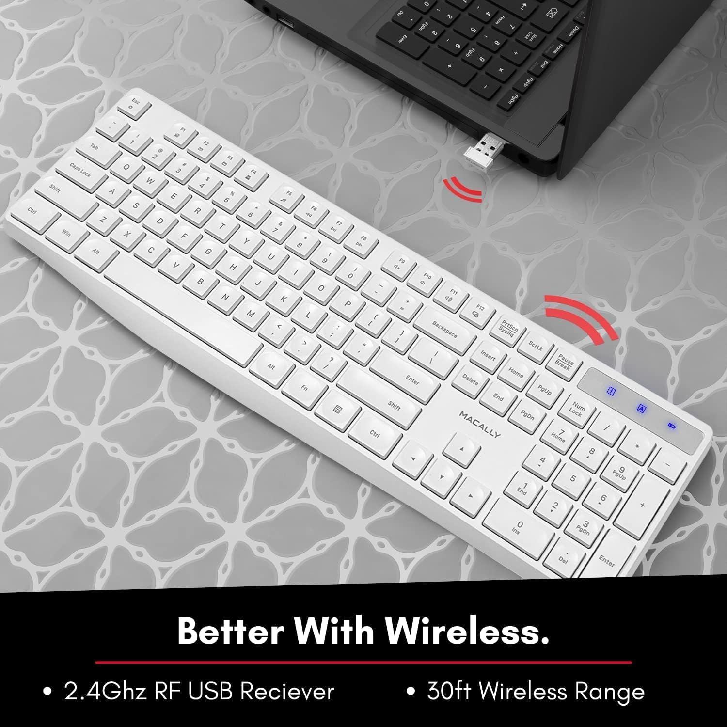 Macally Wireless Keyboard, 2.4G Ergonomic Full Size White Keyboard with Numeric Keypad & 13 Shortcut Keys - Plug and Play Quiet Cordless Keyboard for Laptop and Windows PC Computer