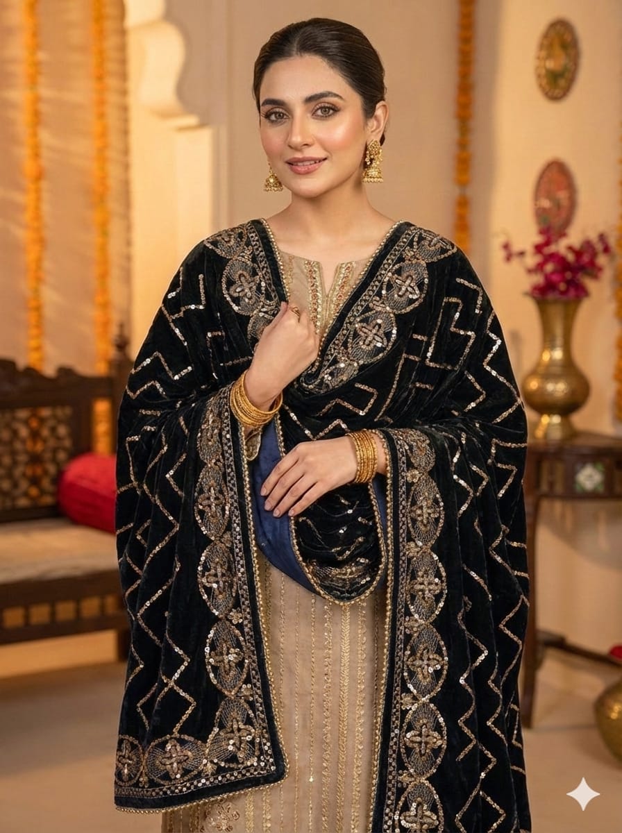 Luxury Velvet Embroidered Sequence Multiple Designs Winter Shawls For Women