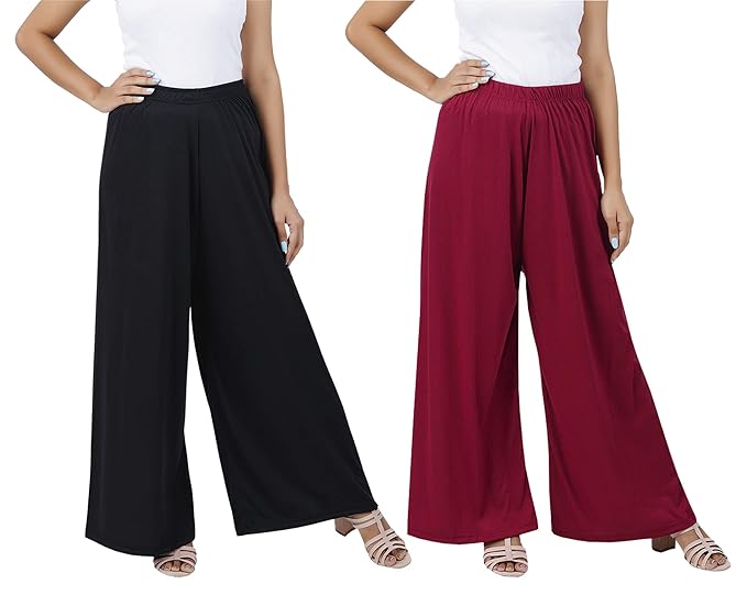 (⭐Pack of 2⭐)100% Pure & Soft Viscos Rayon Palazzo Trousers for Women Relaxed Bottom Adult Pajama Pants Viscose Palazzo Pants Regular Fit Flared Palazoo Pants Daily Use Stylish Plain Plazoo Trendz Cotton Viscose Loose Fit Flared Wide Leg Palazzo Plazo