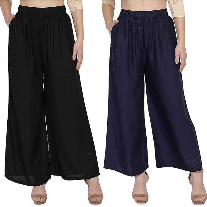 (⭐Pack of 2⭐)100% Pure & Soft Viscos Rayon Palazzo Trousers for Women Relaxed Bottom Adult Pajama Pants Viscose Palazzo Pants Regular Fit Flared Palazoo Pants Daily Use Stylish Plain Plazoo Trendz Cotton Viscose Loose Fit Flared Wide Leg Palazzo Plazo