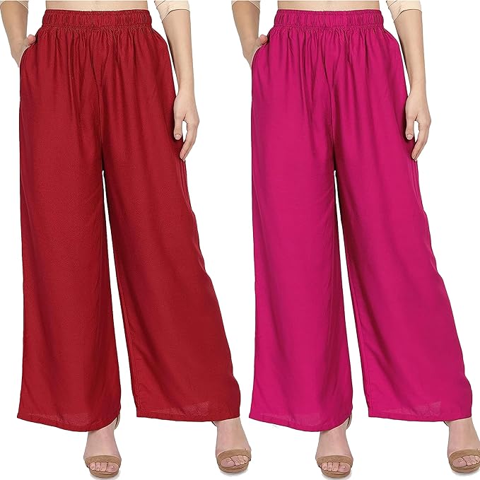 (⭐Pack of 2⭐)100% Pure & Soft Viscos Rayon Palazzo Trousers for Women Relaxed Bottom Adult Pajama Pants Viscose Palazzo Pants Regular Fit Flared Palazoo Pants Daily Use Stylish Plain Plazoo Trendz Cotton Viscose Loose Fit Flared Wide Leg Palazzo Plazo