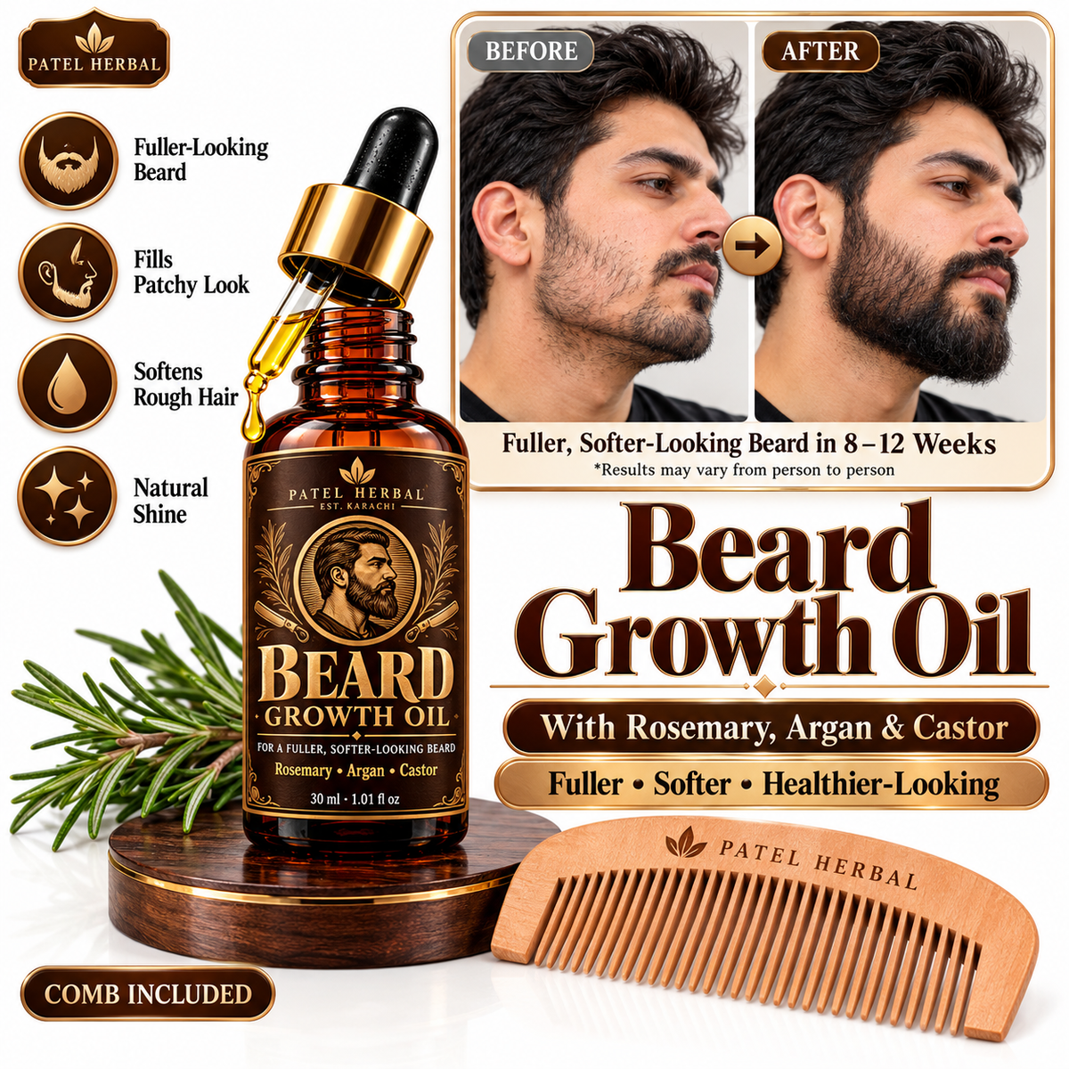 Patel Herbal Beard Growth Oil with Comb – 30ml