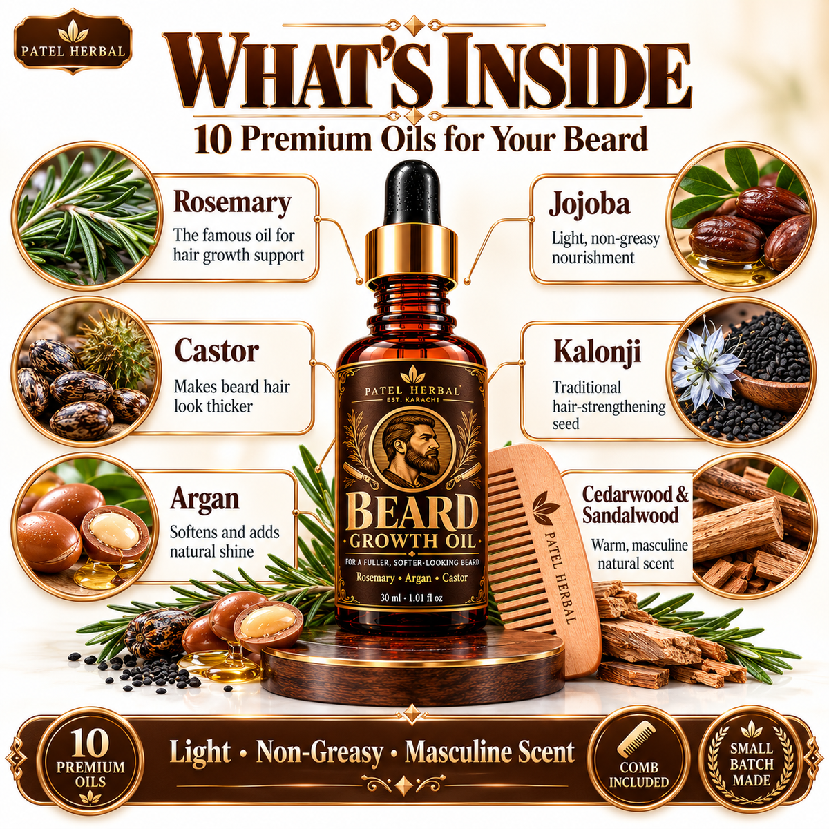 Patel Herbal Beard Growth Oil with Comb – 30ml
