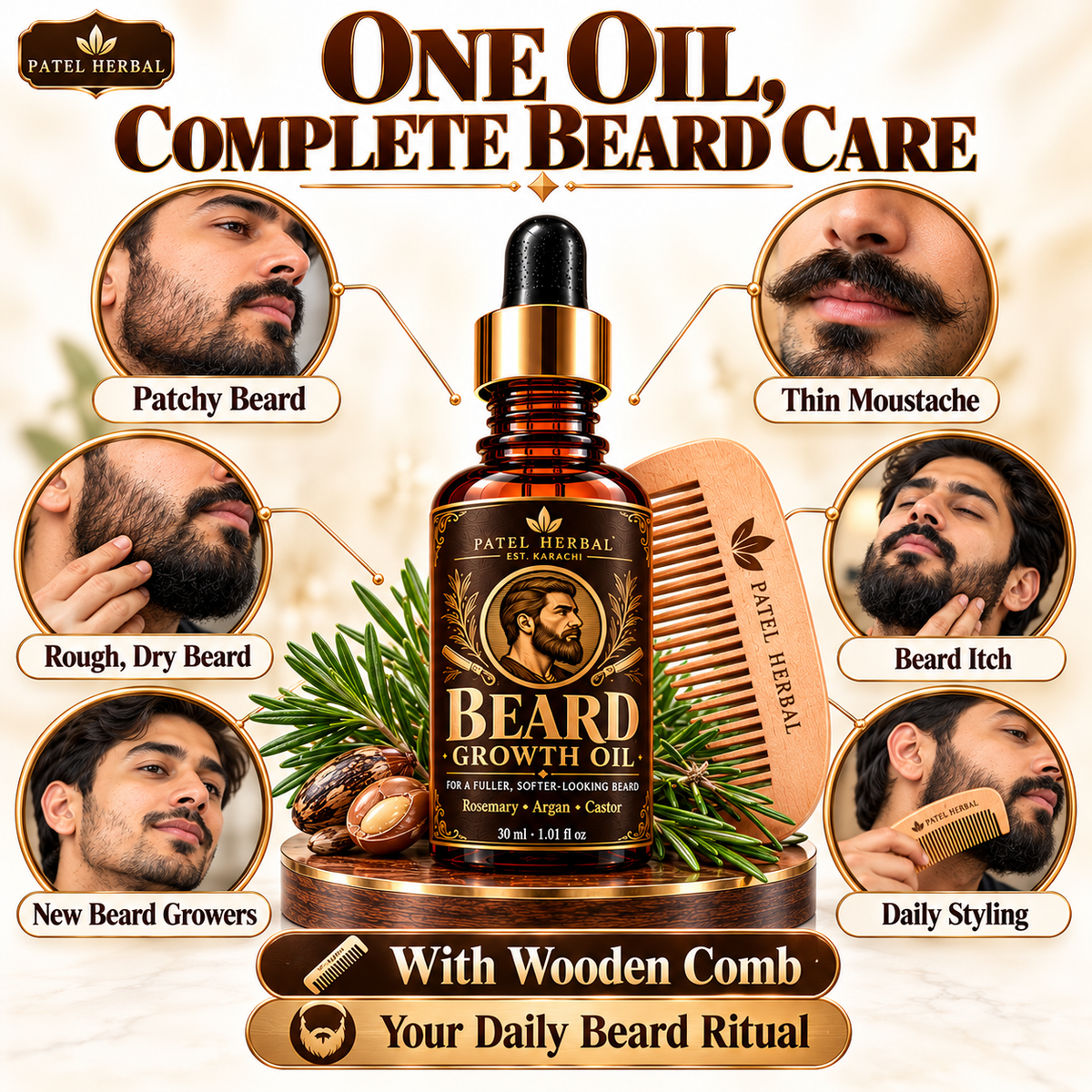 Patel Herbal Beard Growth Oil with Comb – 30ml