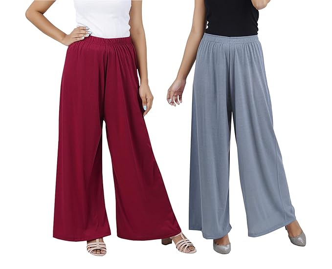 (⭐Pack of 2⭐)100% Pure & Soft Viscos Rayon Palazzo Trousers for Women Relaxed Bottom Adult Pajama Pants Viscose Palazzo Pants Regular Fit Flared Palazoo Pants Daily Use Stylish Plain Plazoo Trendz Cotton Viscose Loose Fit Flared Wide Leg Palazzo Plazo