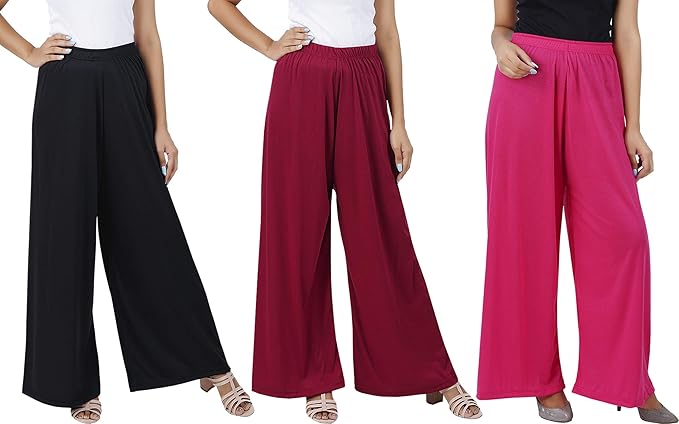 (⭐Pack of 2⭐)100% Pure & Soft Viscos Rayon Palazzo Trousers for Women Relaxed Bottom Adult Pajama Pants Viscose Palazzo Pants Regular Fit Flared Palazoo Pants Daily Use Stylish Plain Plazoo Trendz Cotton Viscose Loose Fit Flared Wide Leg Palazzo Plazo