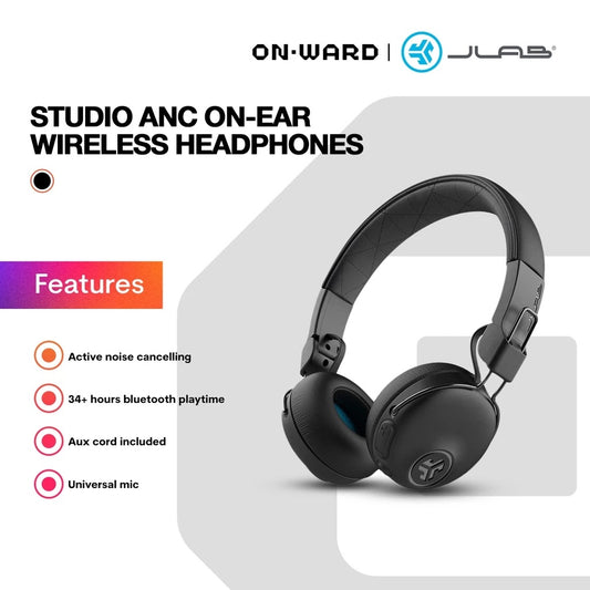 JLab Studio ANC On-Ear Wireless Headphones – P47 P9 Noise Cancelling Bluetooth Headphones with Mic, Foldable Stereo Sound, Comfortable Fit, Long Battery Life, Compatible with All Android & iOS Devices, Perfect for Sports, Gaming, Travel, and Work