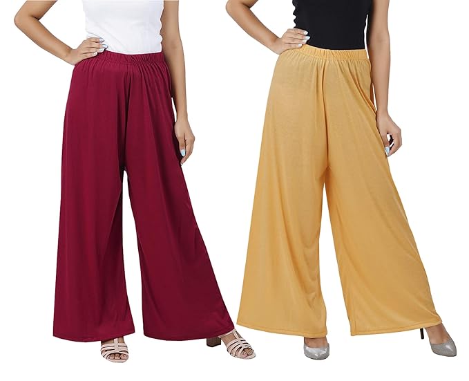 (⭐Pack of 2⭐)100% Pure & Soft Viscos Rayon Palazzo Trousers for Women Relaxed Bottom Adult Pajama Pants Viscose Palazzo Pants Regular Fit Flared Palazoo Pants Daily Use Stylish Plain Plazoo Trendz Cotton Viscose Loose Fit Flared Wide Leg Palazzo Plazo