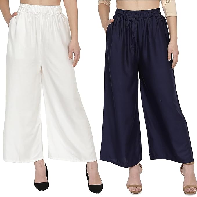 (⭐Pack of 2⭐)100% Pure & Soft Viscos Rayon Palazzo Trousers for Women Relaxed Bottom Adult Pajama Pants Viscose Palazzo Pants Regular Fit Flared Palazoo Pants Daily Use Stylish Plain Plazoo Trendz Cotton Viscose Loose Fit Flared Wide Leg Palazzo Plazo