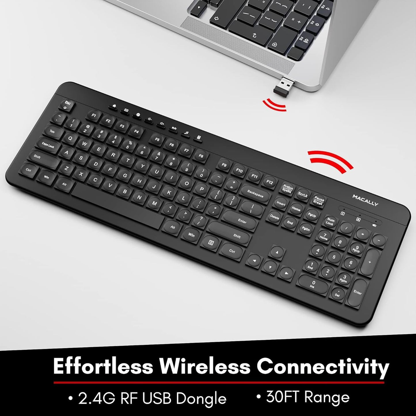 Macally Wireless Keyboard - 2.4G Ergonomic Full Size Keyboard Wireless - Wireless USB Keyboard for Laptop Windows PC Windows Desktop Computer - Black  ~ PATELWALA