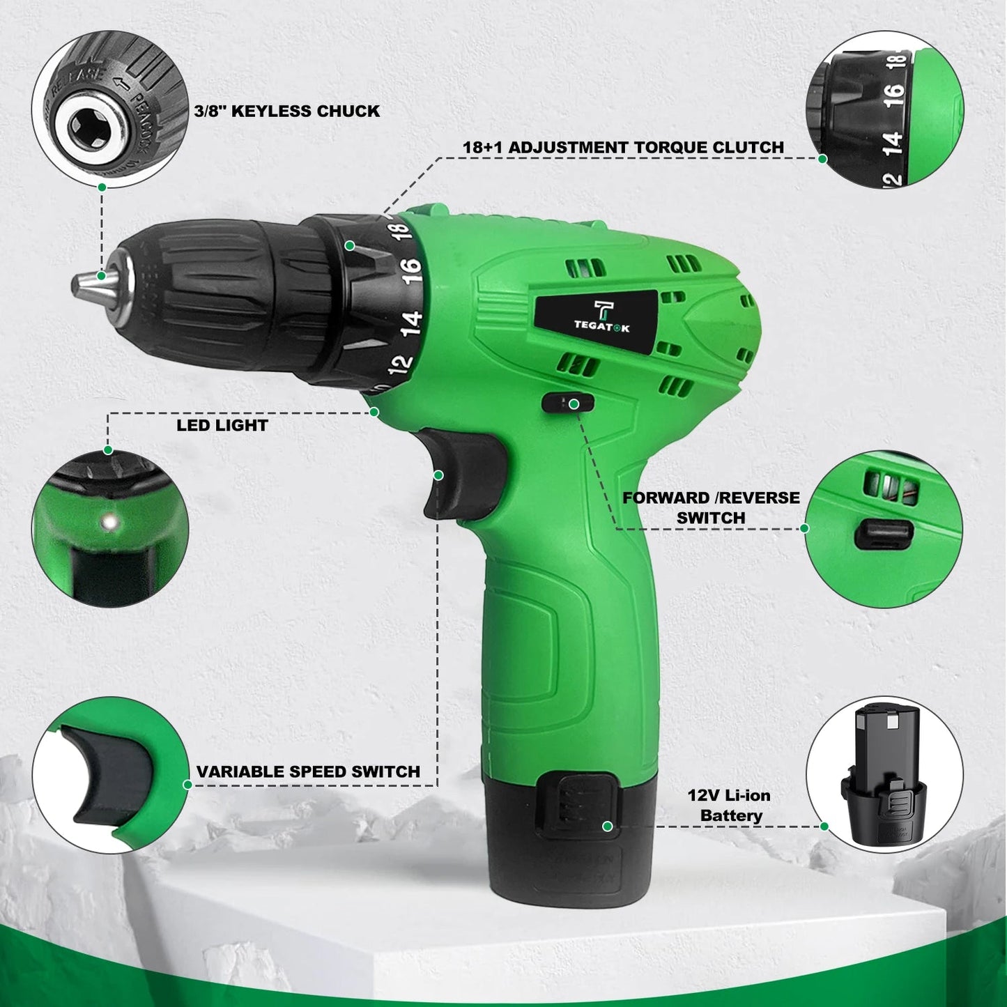 12V Cordless Drill Kit with Battery and Charger | Variable Speed Drill Cordless Driver | 12V/1.5Ah Battery | 600 RPM - 10mm Drill Capacity