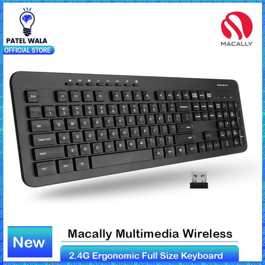 Macally Wireless Keyboard - 2.4G Ergonomic Full Size Keyboard Wireless - Wireless USB Keyboard for Laptop Windows PC Windows Desktop Computer - Black ~ PATELWALA