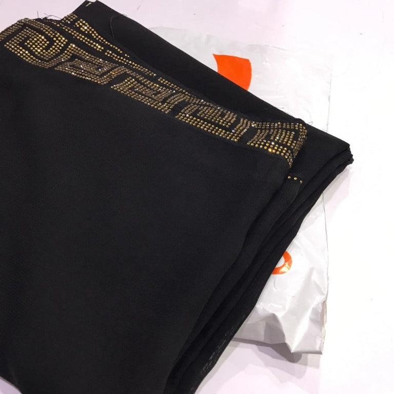 Black Irani Chadar With Border Stone Work Golden-Silver Full Length and Width High Chiffon