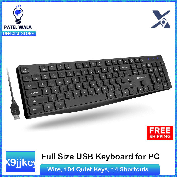 X9 Performance Wired Keyboard - Ultra Slim Full Size Ergonomic Computer Keyboard - Basic USB Keyboard for PC Desktop, Laptop with 5ft Corded Wire, 104 Quiet Keys, 14 Shortcuts, and Kickstand PATELWALA