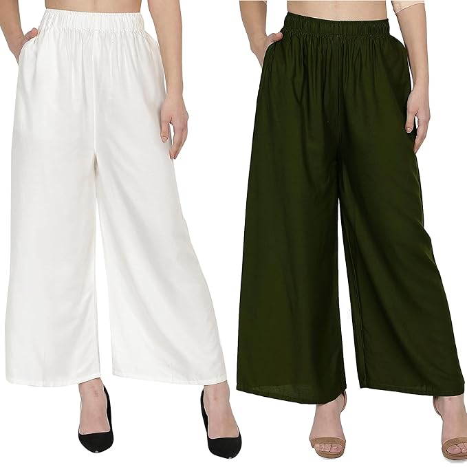 (⭐Pack of 2⭐)100% Pure & Soft Viscos Rayon Palazzo Trousers for Women Relaxed Bottom Adult Pajama Pants Viscose Palazzo Pants Regular Fit Flared Palazoo Pants Daily Use Stylish Plain Plazoo Trendz Cotton Viscose Loose Fit Flared Wide Leg Palazzo Plazo