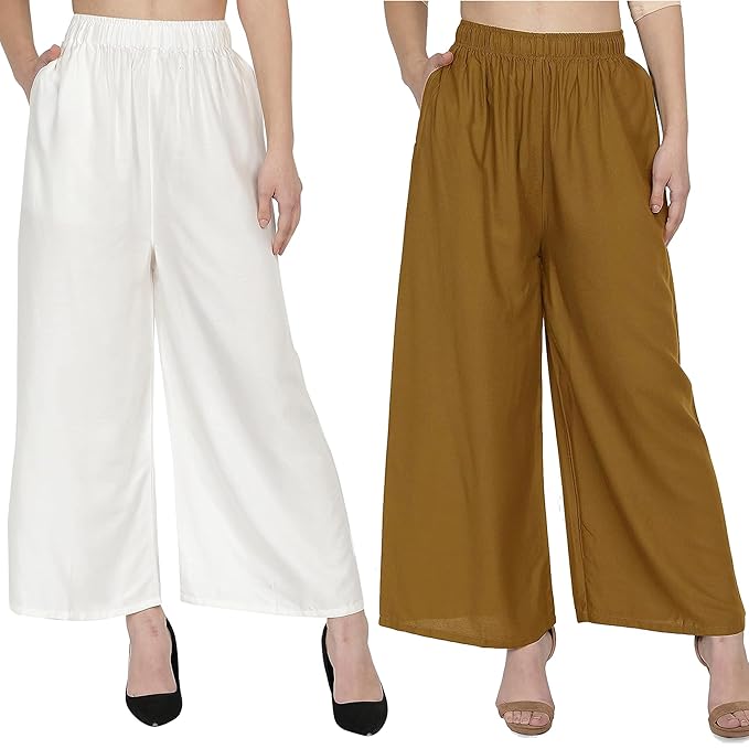 (⭐Pack of 2⭐)100% Pure & Soft Viscos Rayon Palazzo Trousers for Women Relaxed Bottom Adult Pajama Pants Viscose Palazzo Pants Regular Fit Flared Palazoo Pants Daily Use Stylish Plain Plazoo Trendz Cotton Viscose Loose Fit Flared Wide Leg Palazzo Plazo