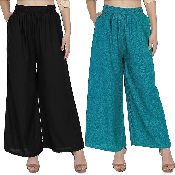 (⭐Pack of 2⭐)100% Pure & Soft Viscos Rayon Palazzo Trousers for Women Relaxed Bottom Adult Pajama Pants Viscose Palazzo Pants Regular Fit Flared Palazoo Pants Daily Use Stylish Plain Plazoo Trendz Cotton Viscose Loose Fit Flared Wide Leg Palazzo Plazo