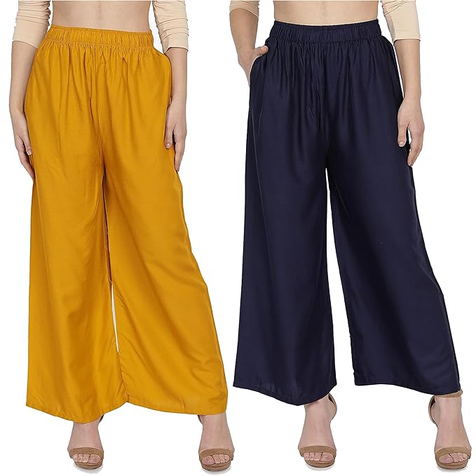 (⭐Pack of 2⭐)100% Pure & Soft Viscos Rayon Palazzo Trousers for Women Relaxed Bottom Adult Pajama Pants Viscose Palazzo Pants Regular Fit Flared Palazoo Pants Daily Use Stylish Plain Plazoo Trendz Cotton Viscose Loose Fit Flared Wide Leg Palazzo Plazo