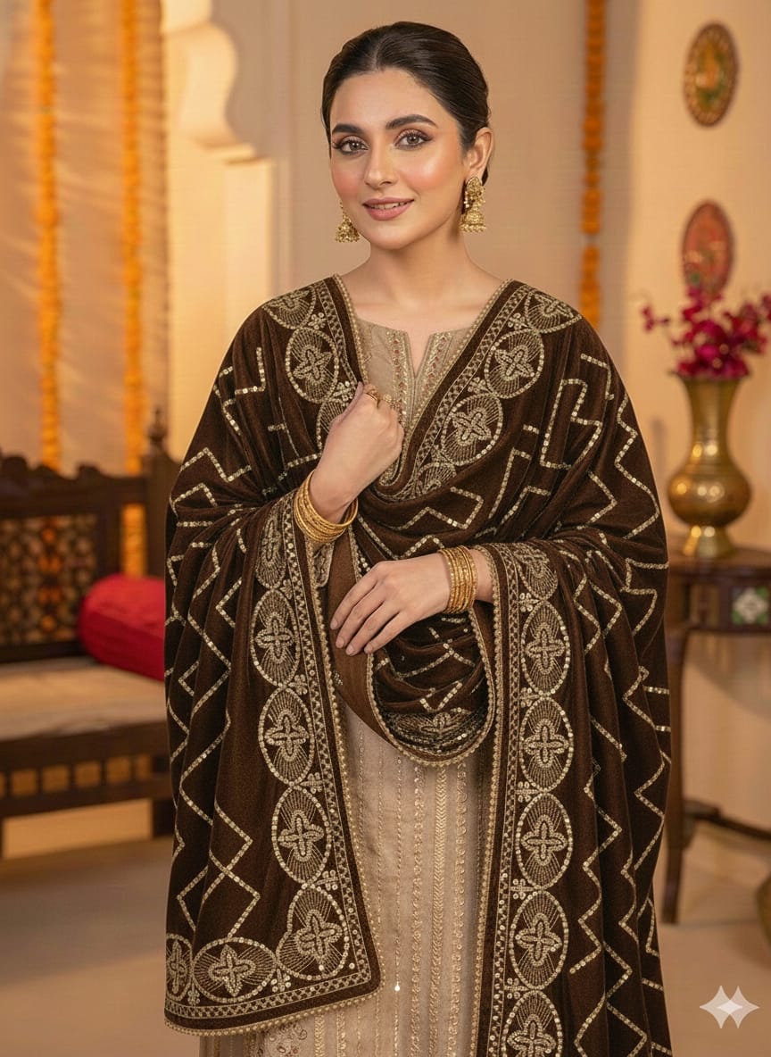 Luxury Velvet Embroidered Sequence Multiple Designs Winter Shawls For Women