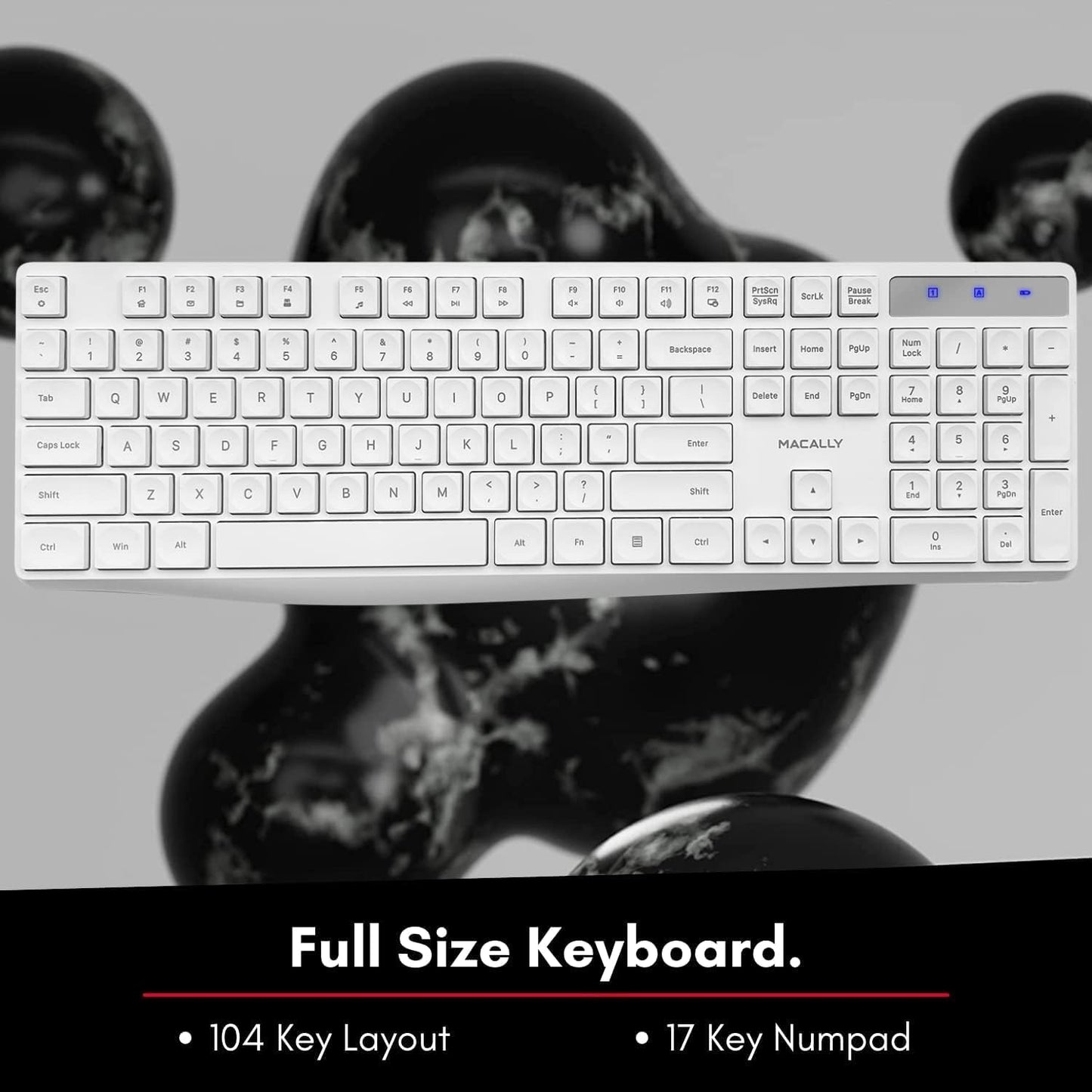 Macally Wireless Keyboard, 2.4G Ergonomic Full Size White Keyboard with Numeric Keypad & 13 Shortcut Keys - Plug and Play Quiet Cordless Keyboard for Laptop and Windows PC Computer