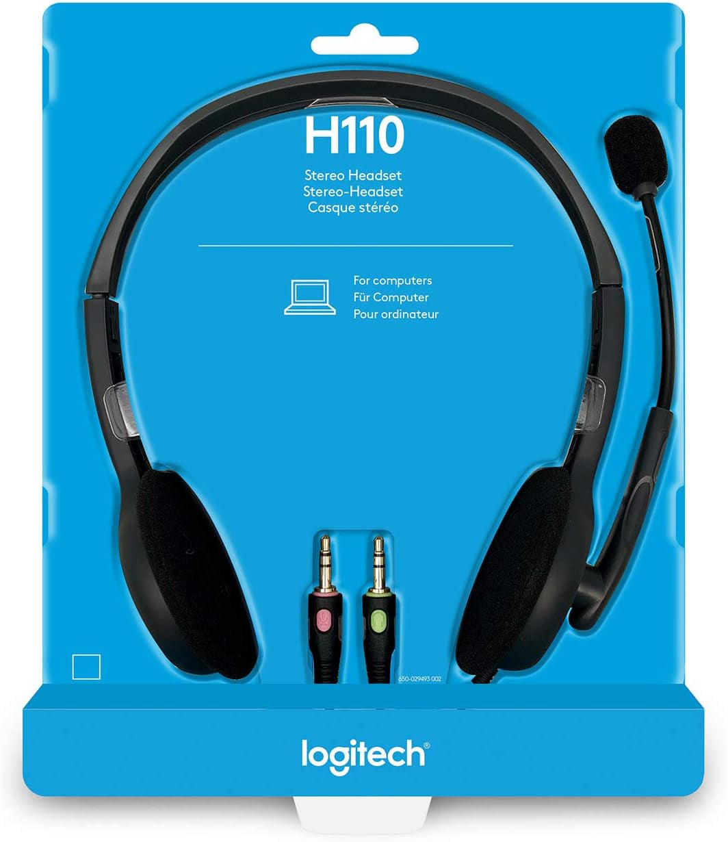 Logitech 3.5MM Stereo Headset with Noise Cancelling Microphone H110 Wired Headset, Stereo Headphones with Noise-Cancelling Microphone, 3.5-mm Dual Audio Jack, PC/Mac/Laptop - Black