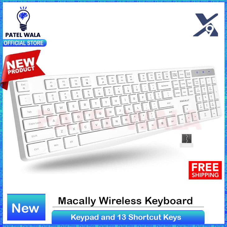 Macally Wireless Keyboard, 2.4G Ergonomic Full Size White Keyboard with Numeric Keypad & 13 Shortcut Keys - Plug and Play Quiet Cordless Keyboard for Laptop and Windows PC Computer