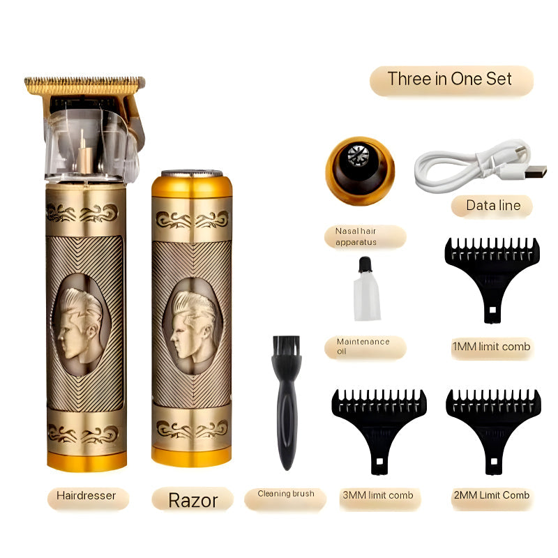 3-In-1 Vintage Grooming Set USB Rechargeable Multi-Functional Hair Clipper, Shaver, And Nose Trimmer For Men