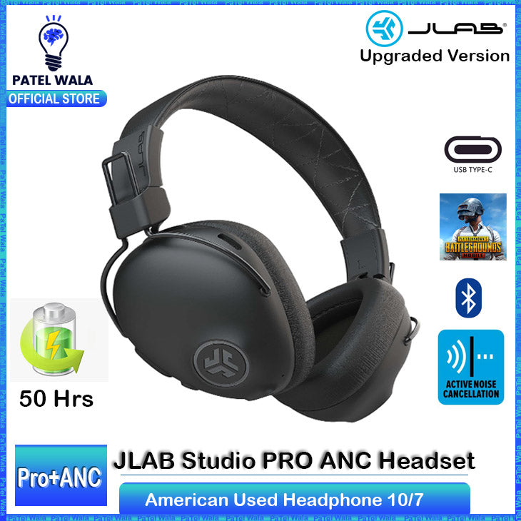 JLab Studio Pro ANC Bluetooth Wireless Over-Ear Headphones, 45+ Hour Bluetooth 5 Playtime, Smart Active Noise Cancellation, EQ3 Sound, Ultra-Plush Faux Leather and Cloud Foam Cushions, Black - PATELWALA