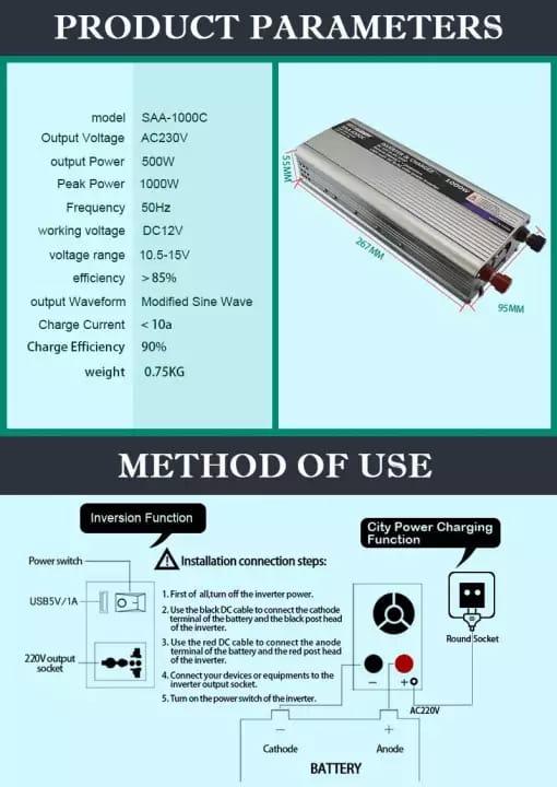 1000W 2-in-1 Power Inverter+ Solar Power Battery Charger