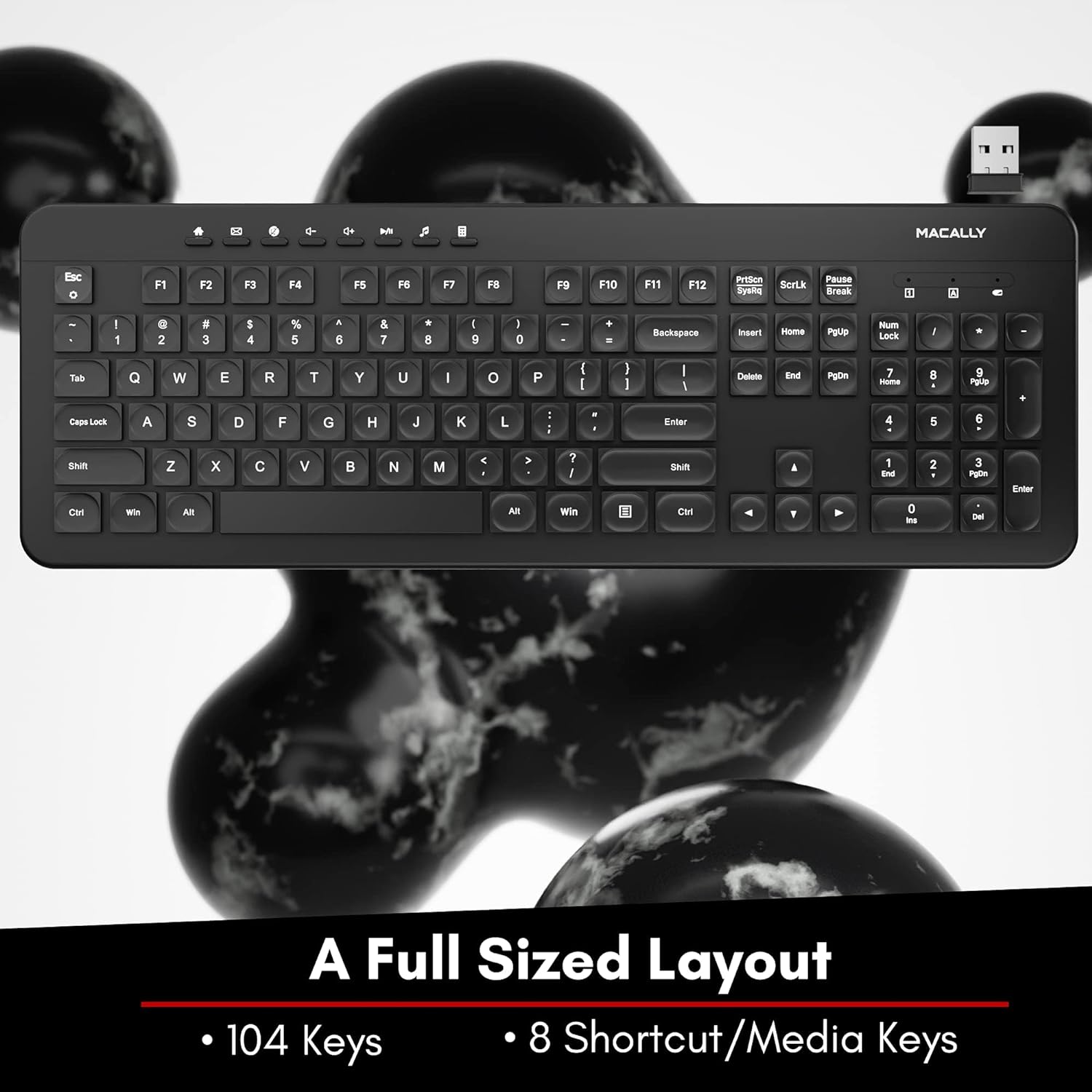 Macally Wireless Keyboard - 2.4G Ergonomic Full Size Keyboard Wireless - Wireless USB Keyboard for Laptop Windows PC Windows Desktop Computer - Black  ~ PATELWALA