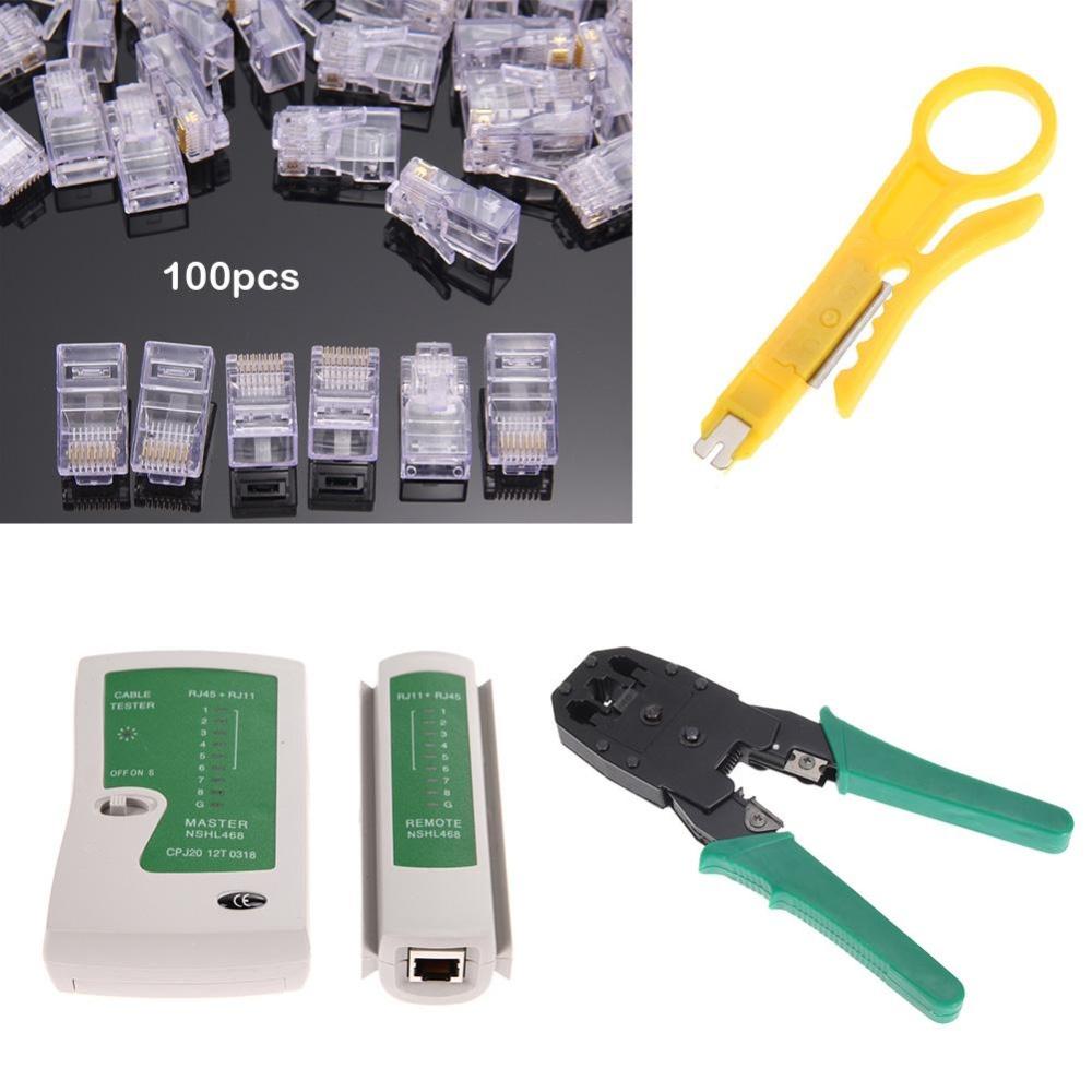 Cable Tester+Crimp Crimper+100 RJ45 CAT5 5e Connector Plug Network Tool Kit Pack of 3 Networking Tools