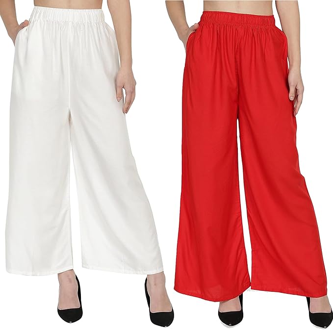 (⭐Pack of 2⭐)100% Pure & Soft Viscos Rayon Palazzo Trousers for Women Relaxed Bottom Adult Pajama Pants Viscose Palazzo Pants Regular Fit Flared Palazoo Pants Daily Use Stylish Plain Plazoo Trendz Cotton Viscose Loose Fit Flared Wide Leg Palazzo Plazo